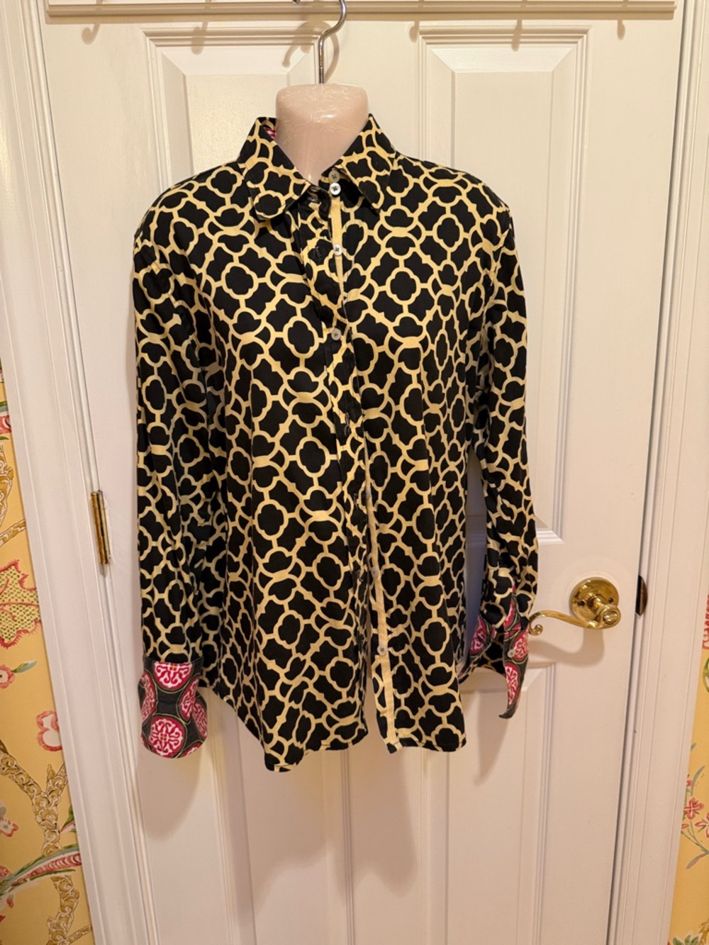 Tizzie: Geometric Black and Cream Button-Up Blouse with Pink Accent Cuffs